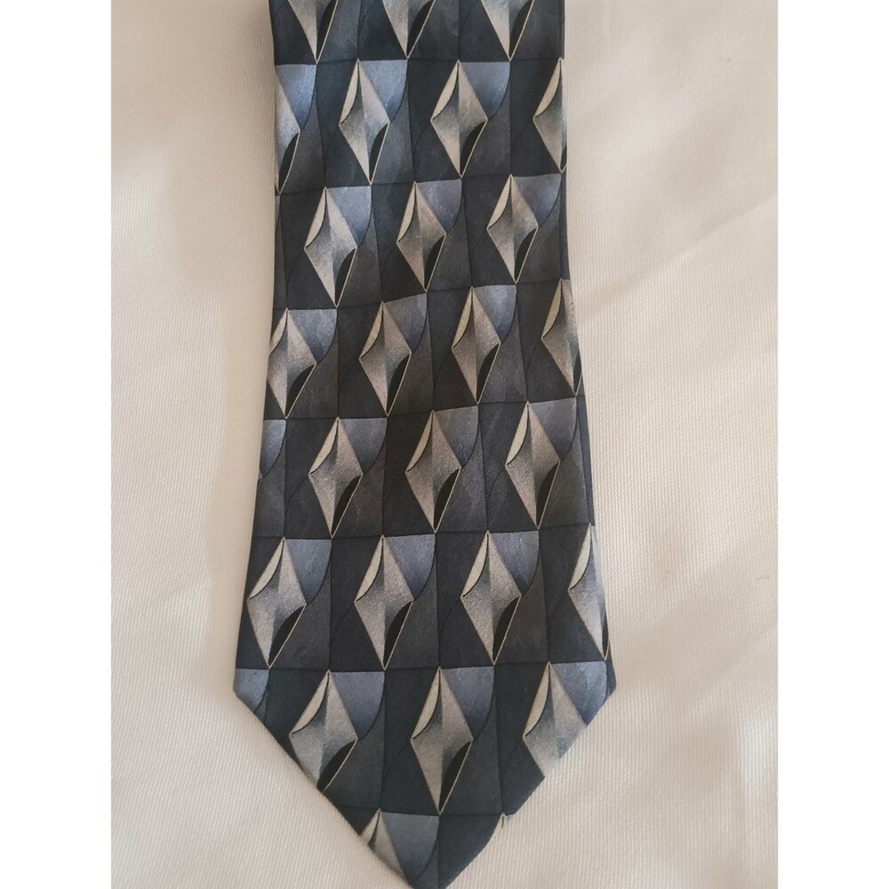 Via Europa 100% Silk Geometric Diamond Necktie Gray Blue